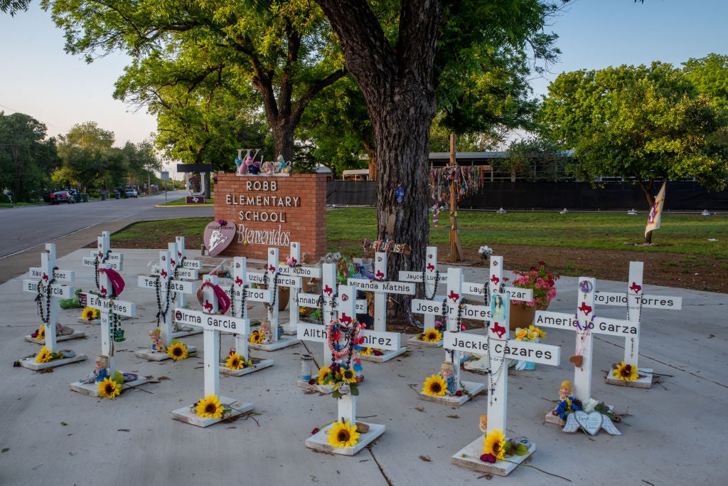 A memorial dedicated to the 19 children and two adults murdered on May 24, 2022 during the mass shooting at Robb Elementary School is seen on April 27, 2023 in Uvalde, Texas