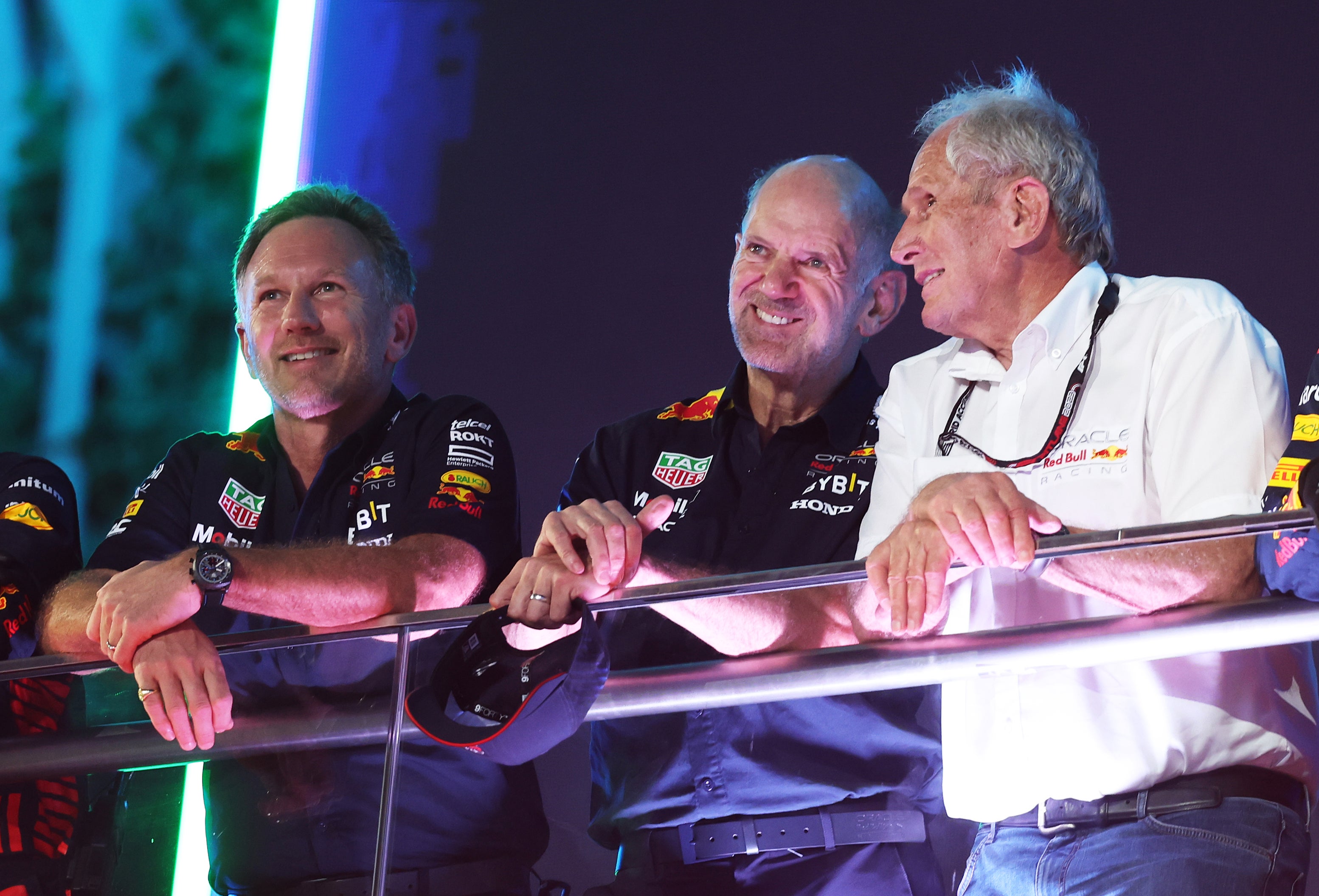 Red Bull’s Helmut Marko (far-right) says Mercedes made a last-ditch attempt to sign Adrian Newey (centre)