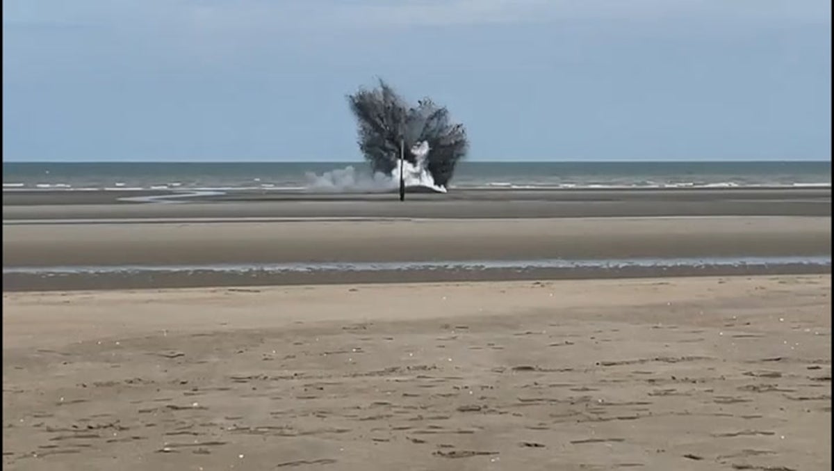 Moment British WWII bomb is detonated on beach in Belgium