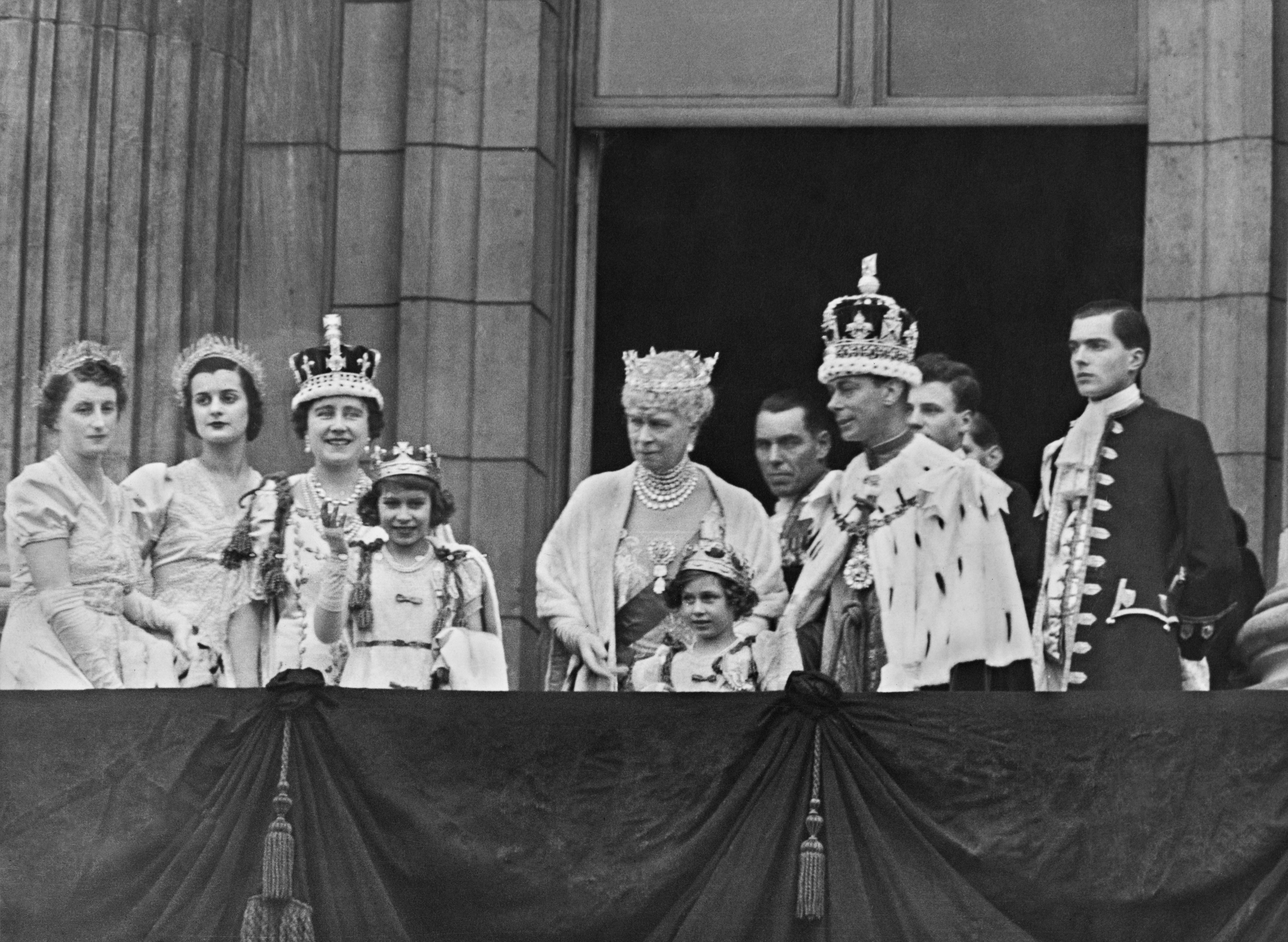 The royal couple, with members of the royal family, on the balcony of Buckingham Palace after the coronation of George VI and Elizabeth (later Queen Mother), on 12 May 1937