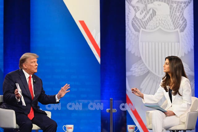 <p>Former president Donald Trump participates in a CNN Republican Town Hall moderated by CNN’s Kaitlan Collins at St Anselm College in Manchester, New Hampshire, on Wednesday, 10 May 2023</p>