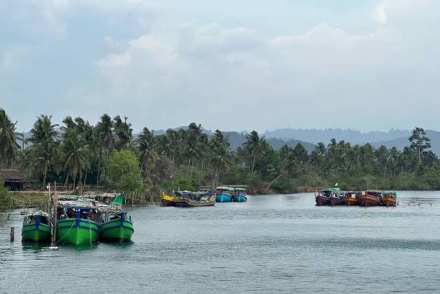 <p>This picture shows fishing boats anchored near Gwa township in Myanmar’s Rakhine state on 11 May 2023 after Cyclone Mocha, the Bay of Bengal’s first cyclone of the year formed</p>