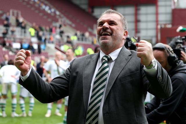 <p>Postecoglou celebrates Celtic’s second straight title at Hearts  </p>