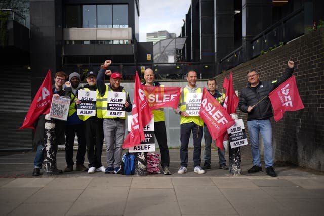 Members of Aslef on the picket line at Euston station (Yui Mok/PA)