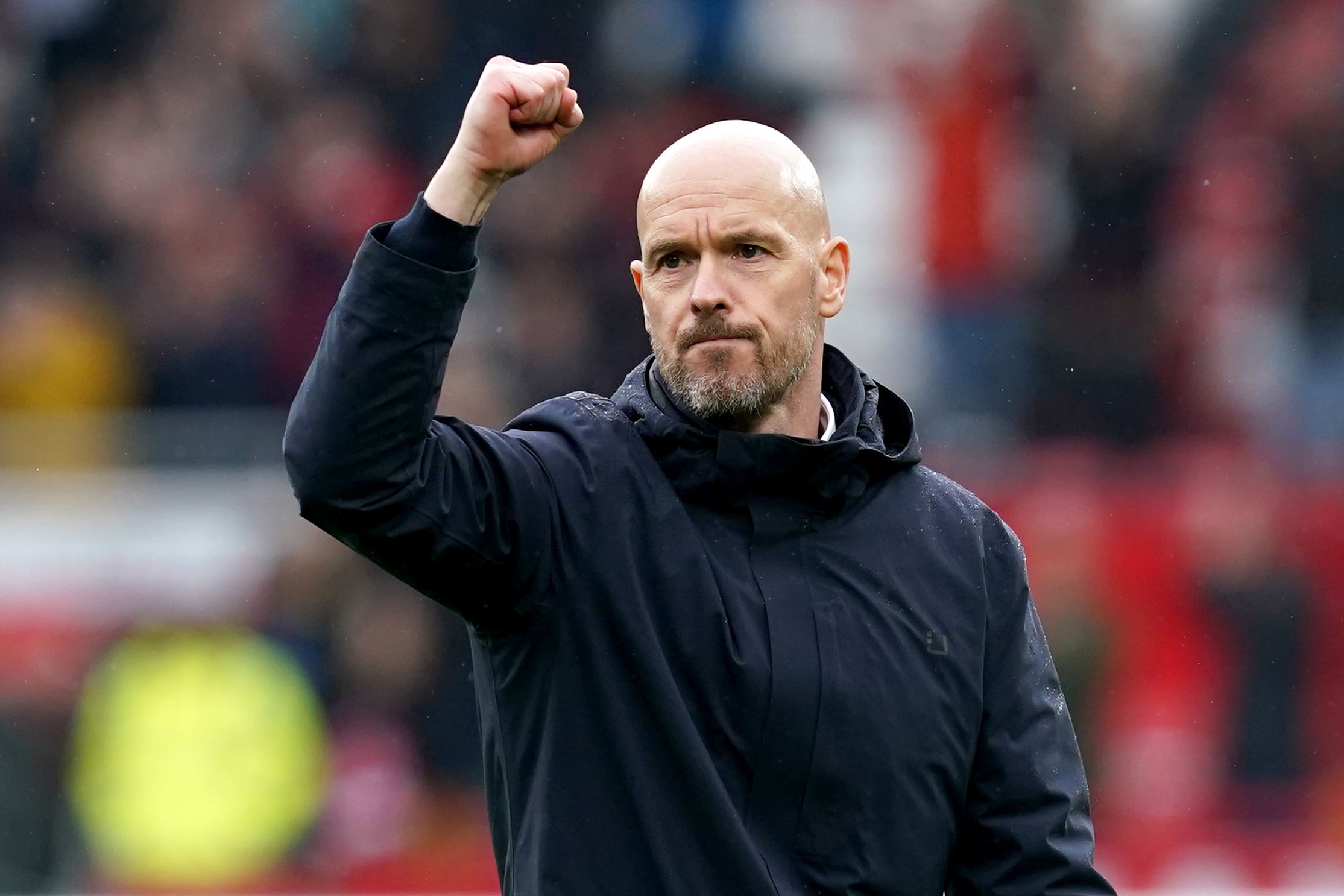  Erik ten Hag celebrates a victory with Manchester United.