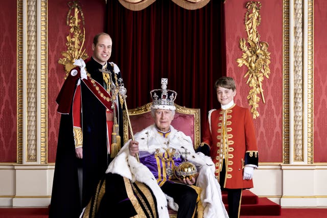 <p>The King, the Prince of Wales and Prince George on the day of the coronation in the Throne Room at Buckingham Palace </p>
