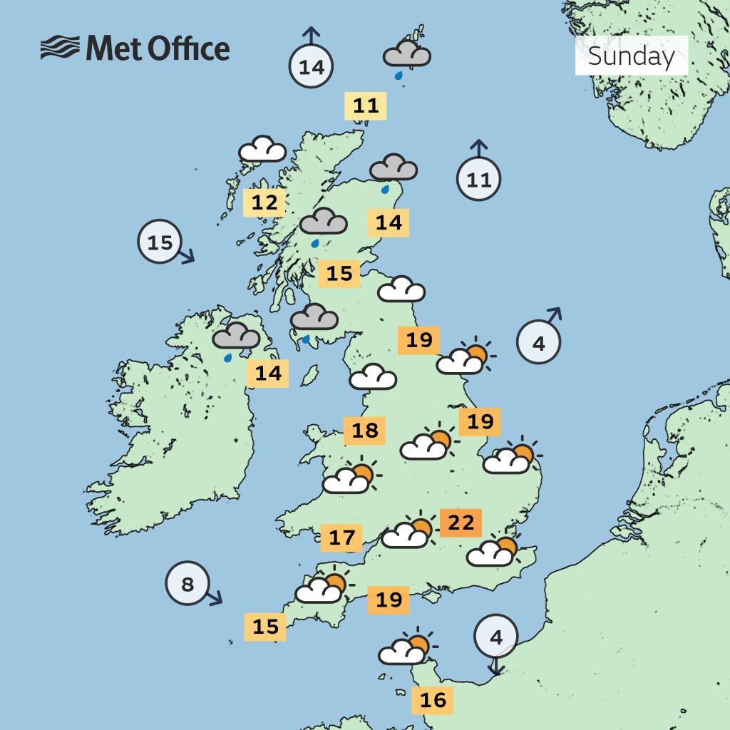 Weather map showing the forecast for Sunday’s peak temperatures