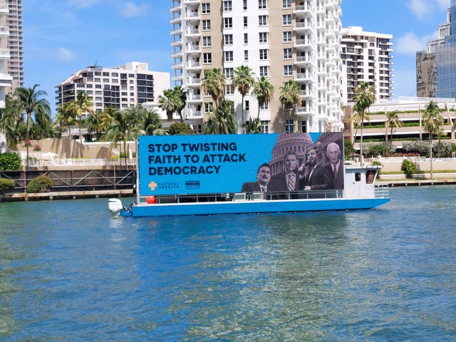 <p>Faith leaders and clergy with a coalition of groups opposed to Christian nationalism launched a billboard campaign near Donald Trump’s Doral resort in Miami, which is hosting the ReAwaken America Tour.</p>