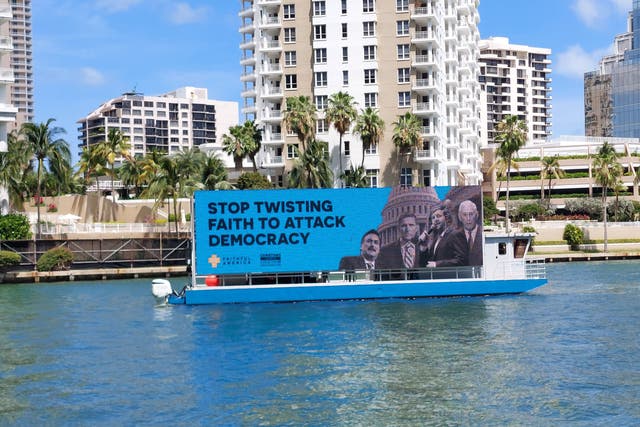 <p>Faith leaders and clergy with a coalition of groups opposed to Christian nationalism launched a billboard campaign near Donald Trump’s Doral resort in Miami, which is hosting the ReAwaken America Tour.</p>