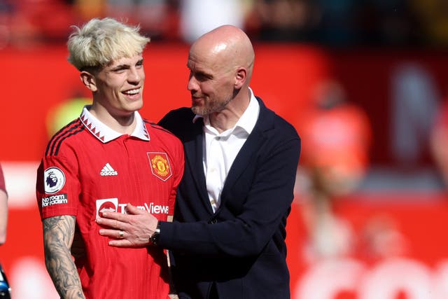 <p>Ten Hag shares a joke with Alejandro Garnacho after the win at Old Trafford</p>