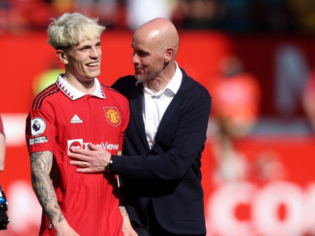 <p>Ten Hag shares a joke with Alejandro Garnacho after the win at Old Trafford</p>