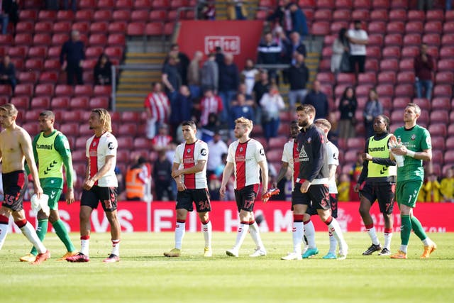 Southampton players look dejected after relegation is confirmed (Adam Davy/PA)