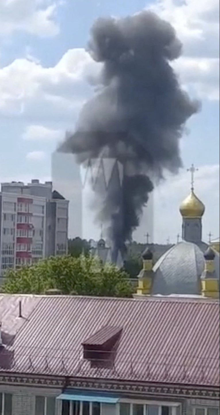 Smoke was seen rising from the site of the helicopter crash in Klintsy