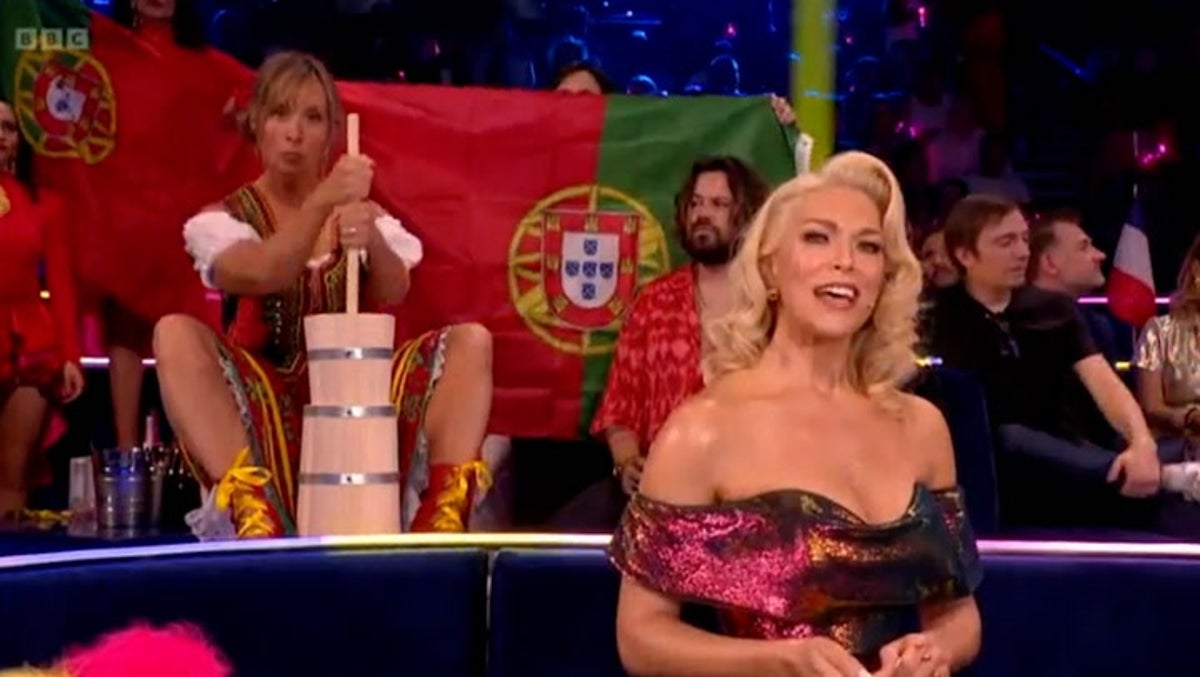 Eurovision: Mel Giedroyc churns butter behind Hannah Waddington in hilarious moment
