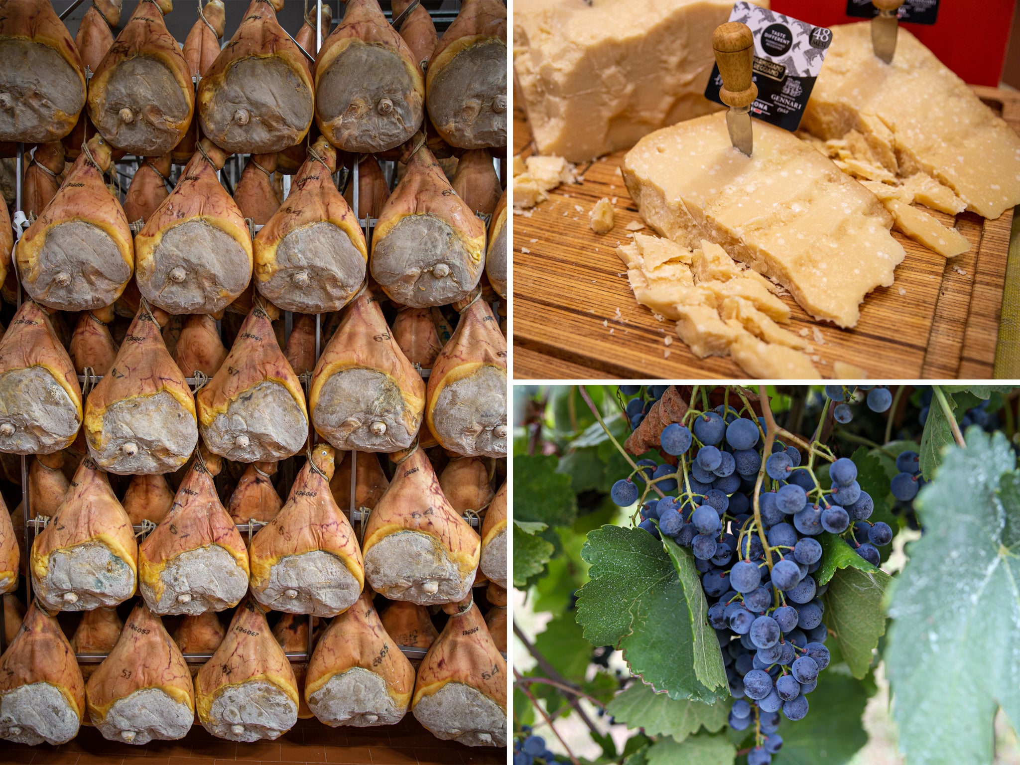 Clockwise from left: Prosciutto hams, Parmigiano Reggiano and Lambrusco grapes from Emilia-Romagna