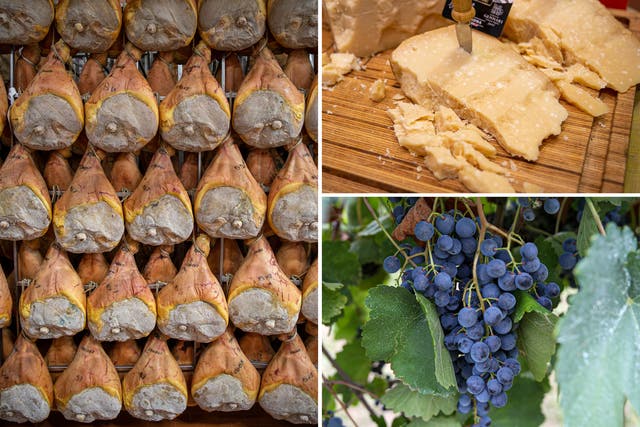 <p>Clockwise from left: Prosciutto hams, Parmigiano Reggiano and Lambrusco grapes from Emilia-Romagna </p>