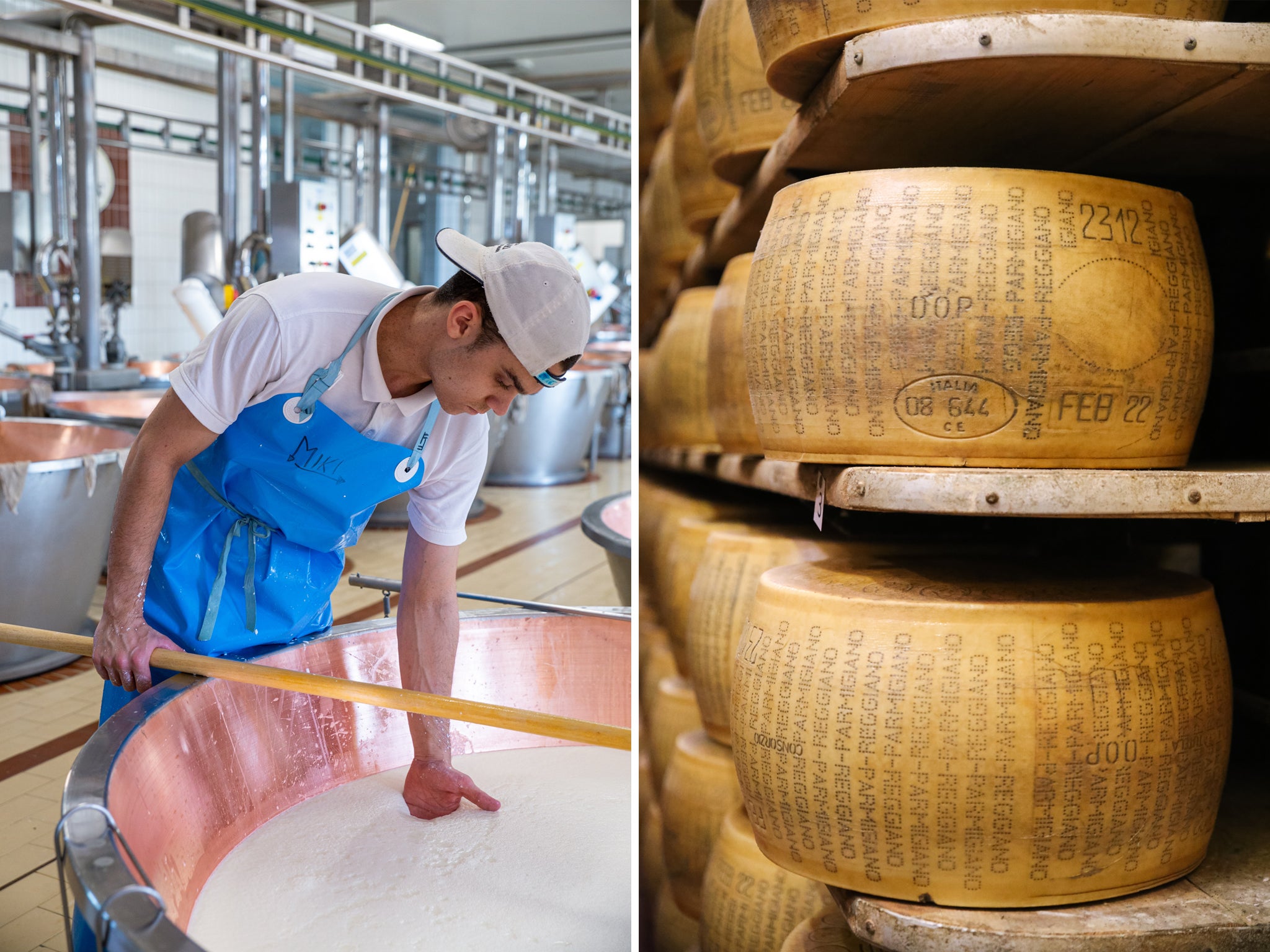 A worker at Caseificio Gennari tests the curds; Parmigiano Reggiano wheels ageing in the warehouse