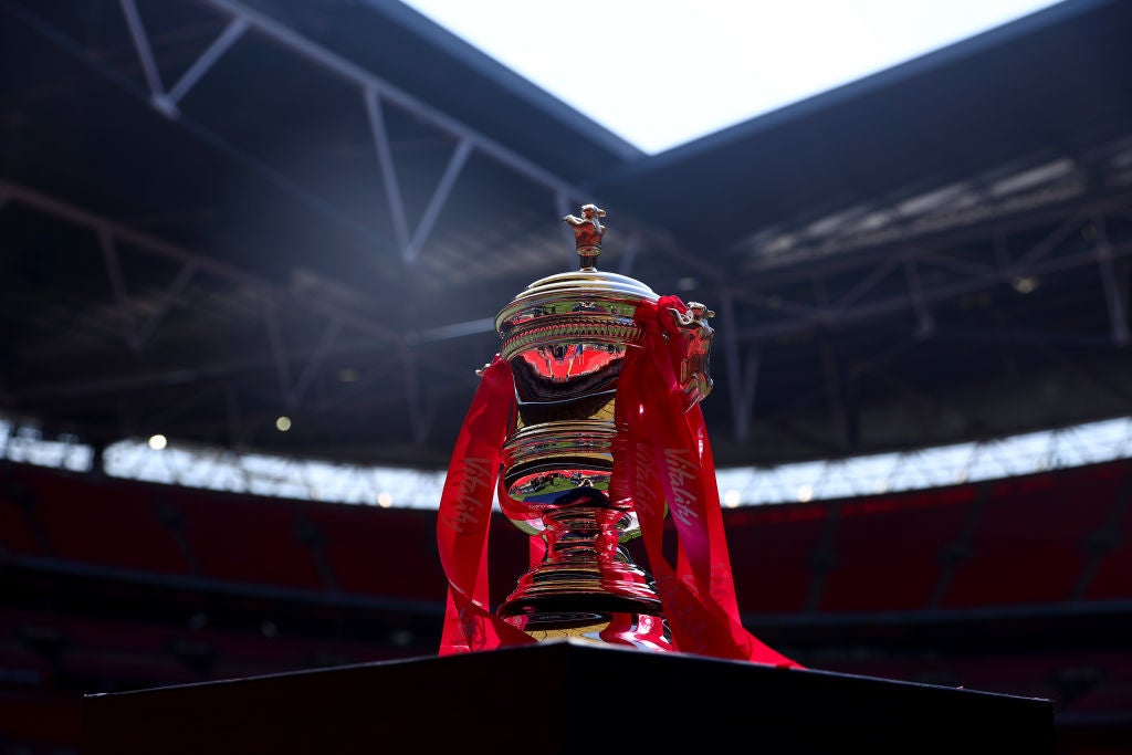 pThe Women’s FA Cup trophy at Wembley before the final between Chelsea and Manchester United/p