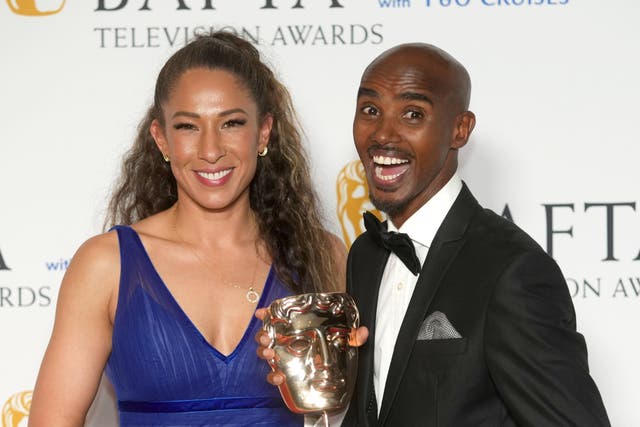 Sir Mo Farah and his wife Tania, with the award for Single Documentary, for The Real Mo Farah, at the Bafta Television Awards 2023 (Jeff Moore/PA)