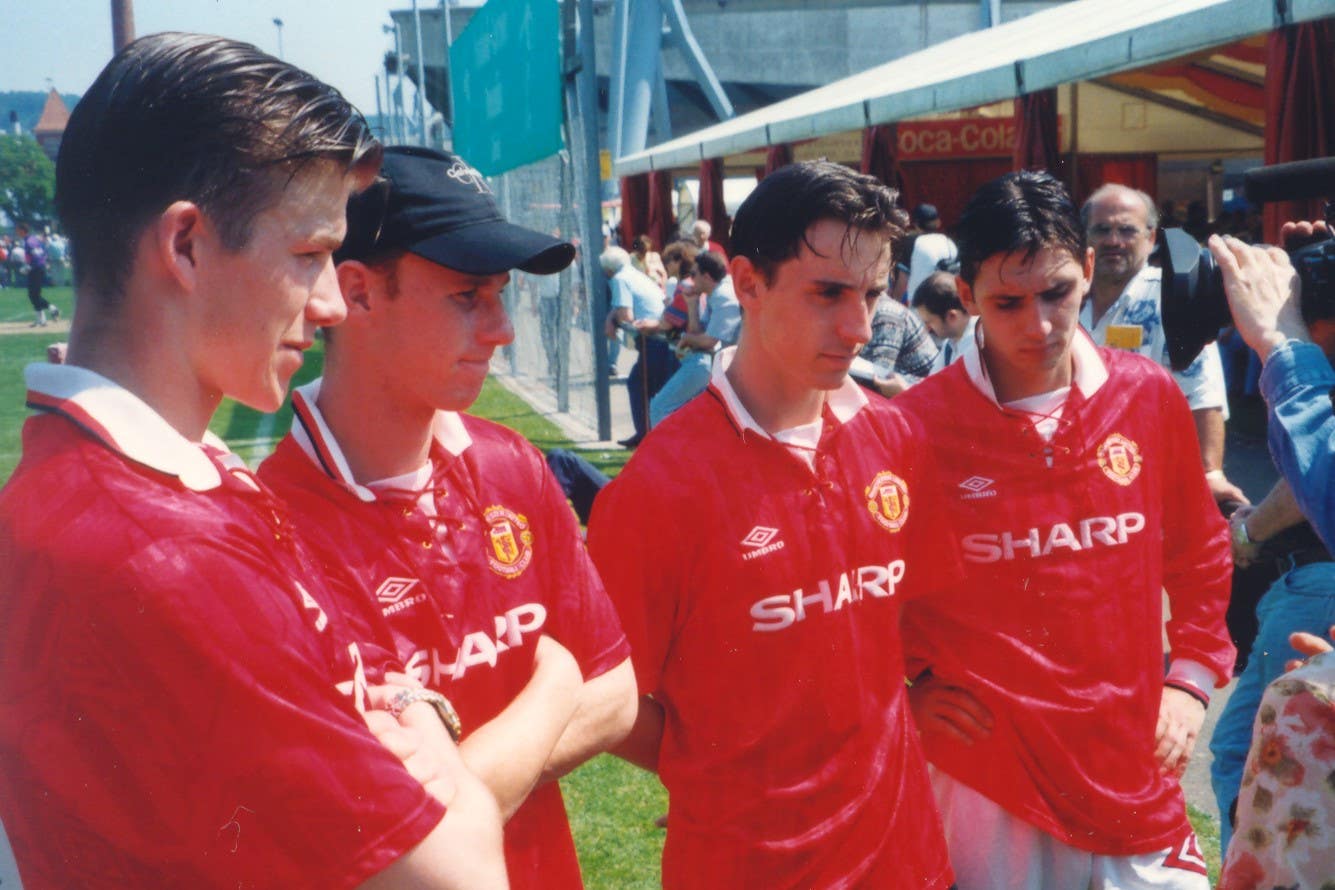 David Beckham, left, pictured at the Blue Stars/FIFA Youth Cup alongside Manchester United team-mates Nicky Butt. Gary Neville and Chris Casper (Handout from FIFA/PA)
