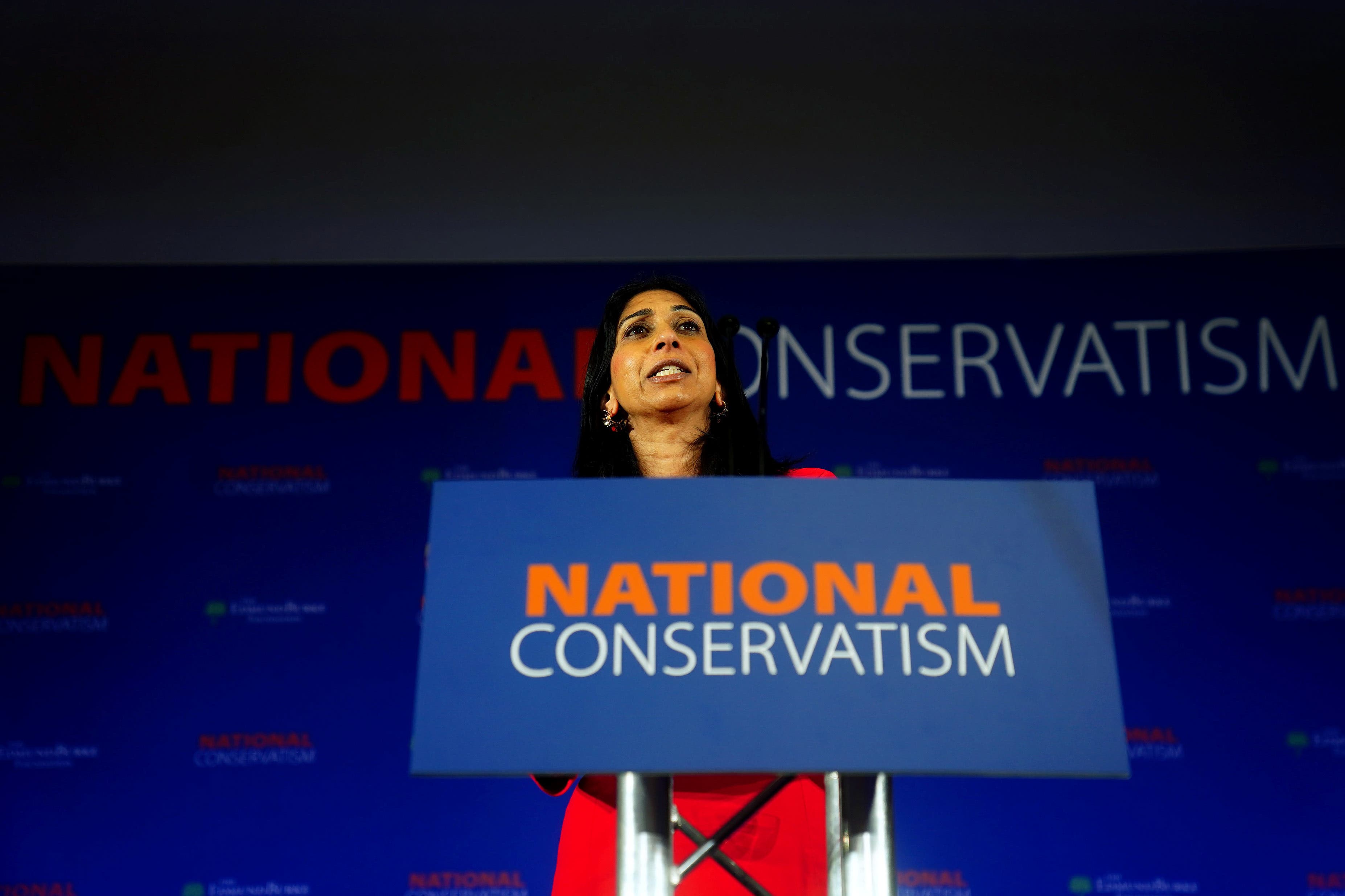 Home Secretary Suella Braverman speaking during the National Conservatism Conference at the Emmanuel Centre, central London. (Victoria Jones/PA)