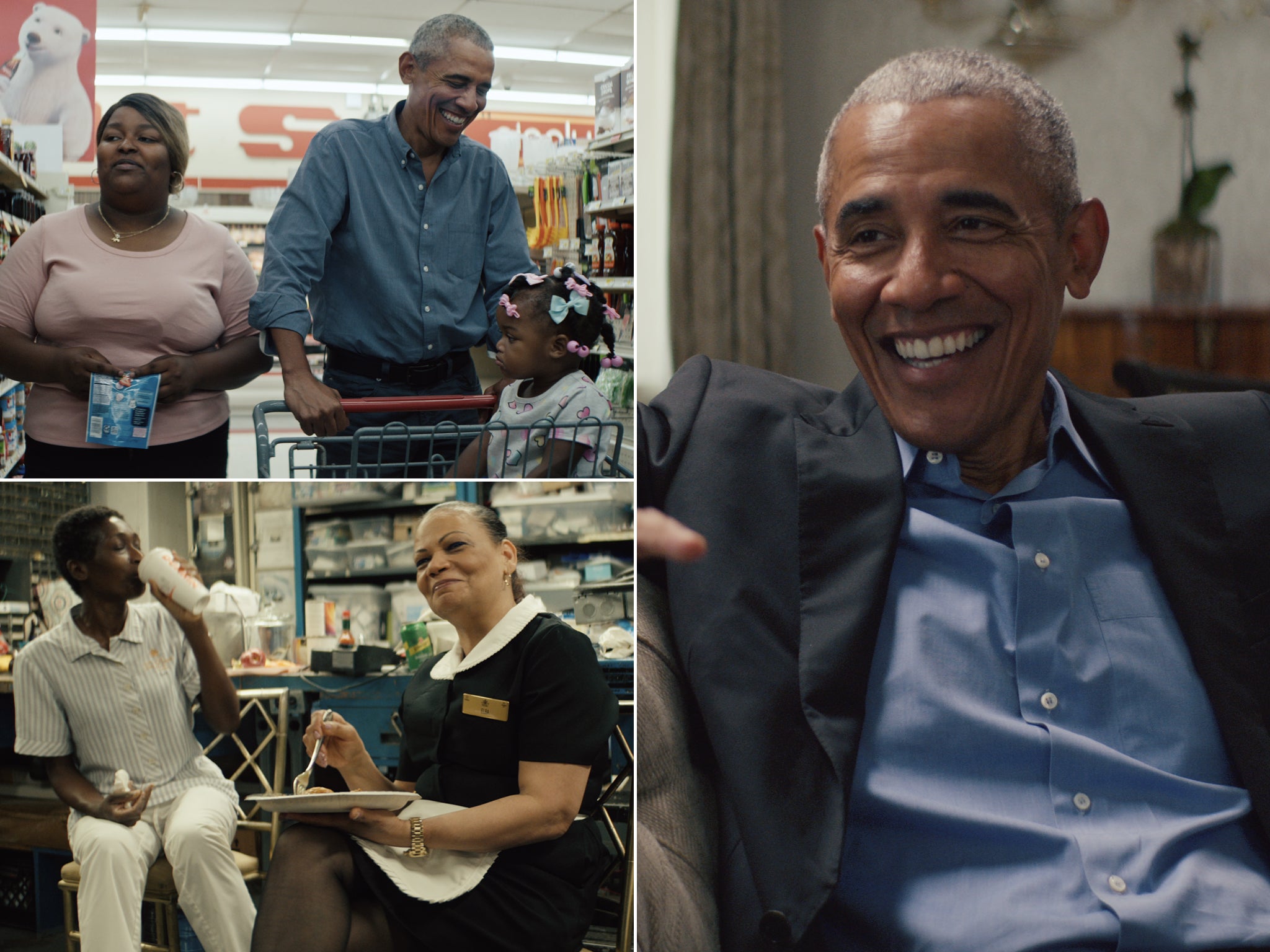 Top left: Barack Obama and documentary participant Randi Williams shop for groceries together; bottom left: Elba Guzmán, a housekeeper at the Pierre hotel, works as a housekeeper; right: Barack Obama is an executive producer on the documentary series, which he also narrates and stars in