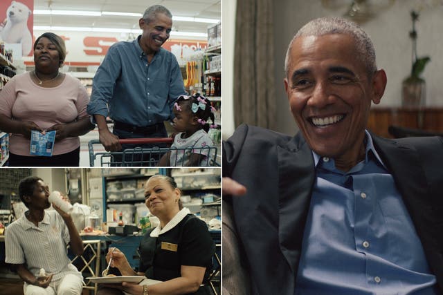 <p>Top left: Barack Obama and documentary participant Randi Williams shop for groceries together; bottom left: Elba Guzmán, a housekeeper at the Pierre hotel, works as a housekeeper; right: Barack Obama is an executive producer on the documentary series, which he also narrates and stars in</p>