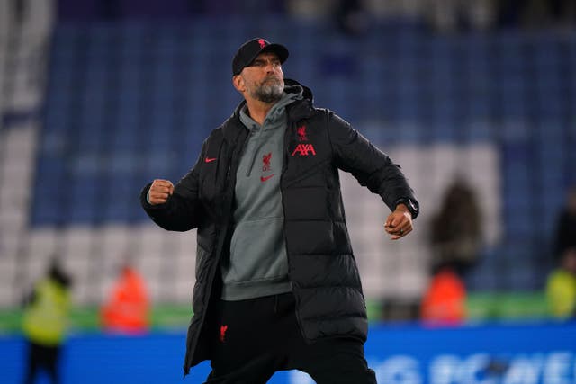 <p>Liverpool manager Jurgen Klopp celebrates the win over Leicester (Tim Goode/PA).</p>