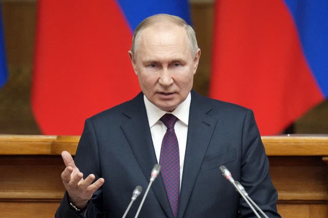 <p>President Putin said the West is trying to break Russia up into states </p>