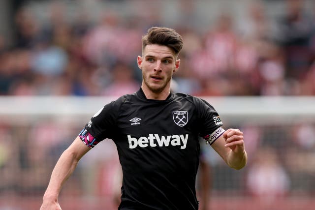 Declan Rice in action for West Ham (Steven Paston/PA).
