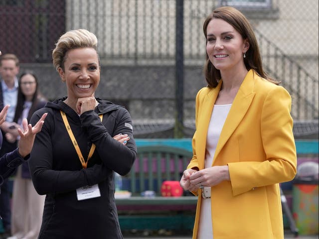 <p>The Princess of Wales (right) and Dame Kelly Holmes (centre) during a visit to the Percy Community Centre in Bath, to meet some of the young people supported by the Dame Kelly Holmes Trust youth development charity</p>
