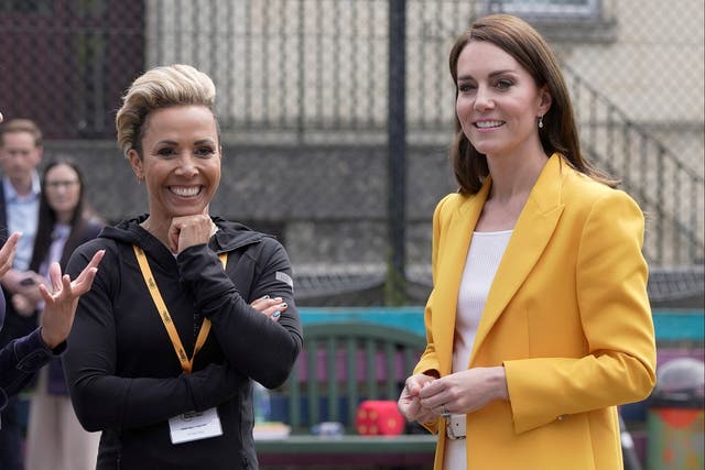 <p>The Princess of Wales (right) and Dame Kelly Holmes (centre) during a visit to the Percy Community Centre in Bath, to meet some of the young people supported by the Dame Kelly Holmes Trust youth development charity</p>
