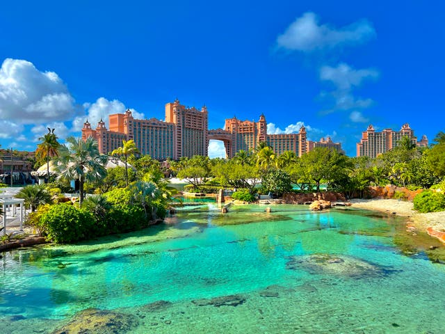 <p> The scenic view of Atlantis hotel in Paradise Island, Nassau, Bahamas</p>