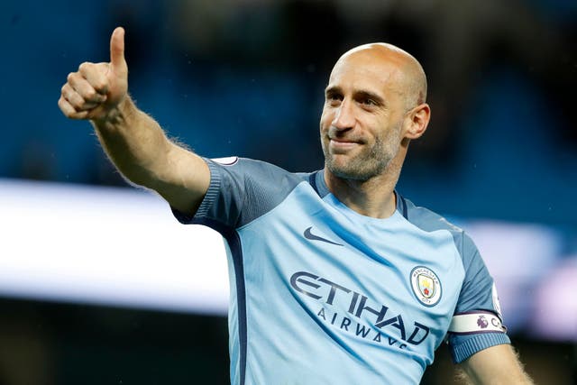 Manchester City’s Pablo Zabaleta after the final whistle during the Premier League match at the Etihad Stadium, Manchester. PRESS ASSOCIATION Photo. Picture date: Tuesday May 16, 2017. See PA story SOCCER Man City. Photo credit should read: Martin Rickett/PA Wire. RESTRICTIONS: EDITORIAL USE ONLY No use with unauthorised audio, video, data, fixture lists, club/league logos or “live” services. Online in-match use limited to 75 images, no video emulation. No use in betting, games or single club/league/player publications.