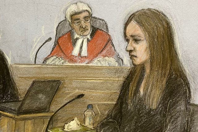 Court artist sketch by Elizabeth Cook of Lucy Letby giving evidence in the dock at Manchester Crown Court earleir in May (Elizabeth Cook/PA)