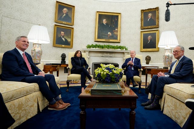 <p>President Joe Biden and Vice President Kamala Harris meet with House Speaker Kevin McCarthy of Calif., and Senate Majority Leader Chuck Schumer of N.Y., in the Oval Office of the White House, Tuesday, May 16, 2023, in Washington. (AP Photo/Evan Vucci)</p>