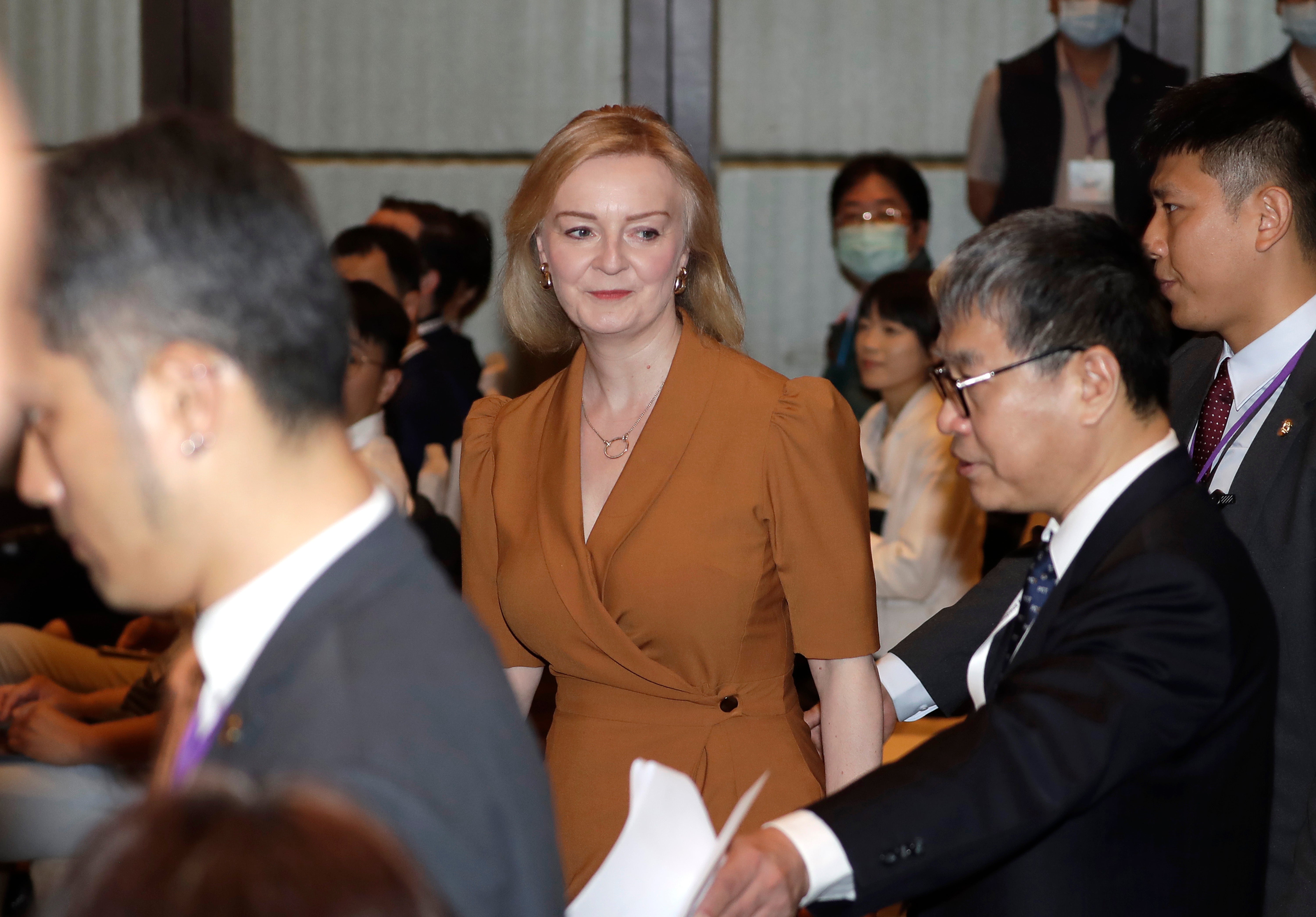 Britain’s former prime minister Liz Truss arrives to deliver a speech on the second day of her five-day visit in Taipei, Taiwan, Wednesday, 17 May 2023