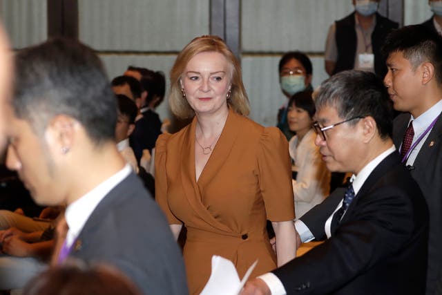 <p>Britain’s former prime minister Liz Truss arrives to deliver a speech on the second day of her five-day visit in Taipei, Taiwan, Wednesday, 17 May 2023</p>