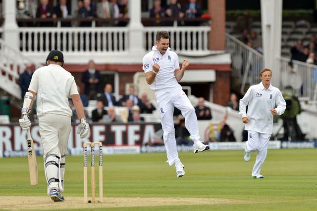 England’s James Anderson (centre) celebrates taking his 300th Test wicket on May 17, 2013 (Anthony Devlin/PA)