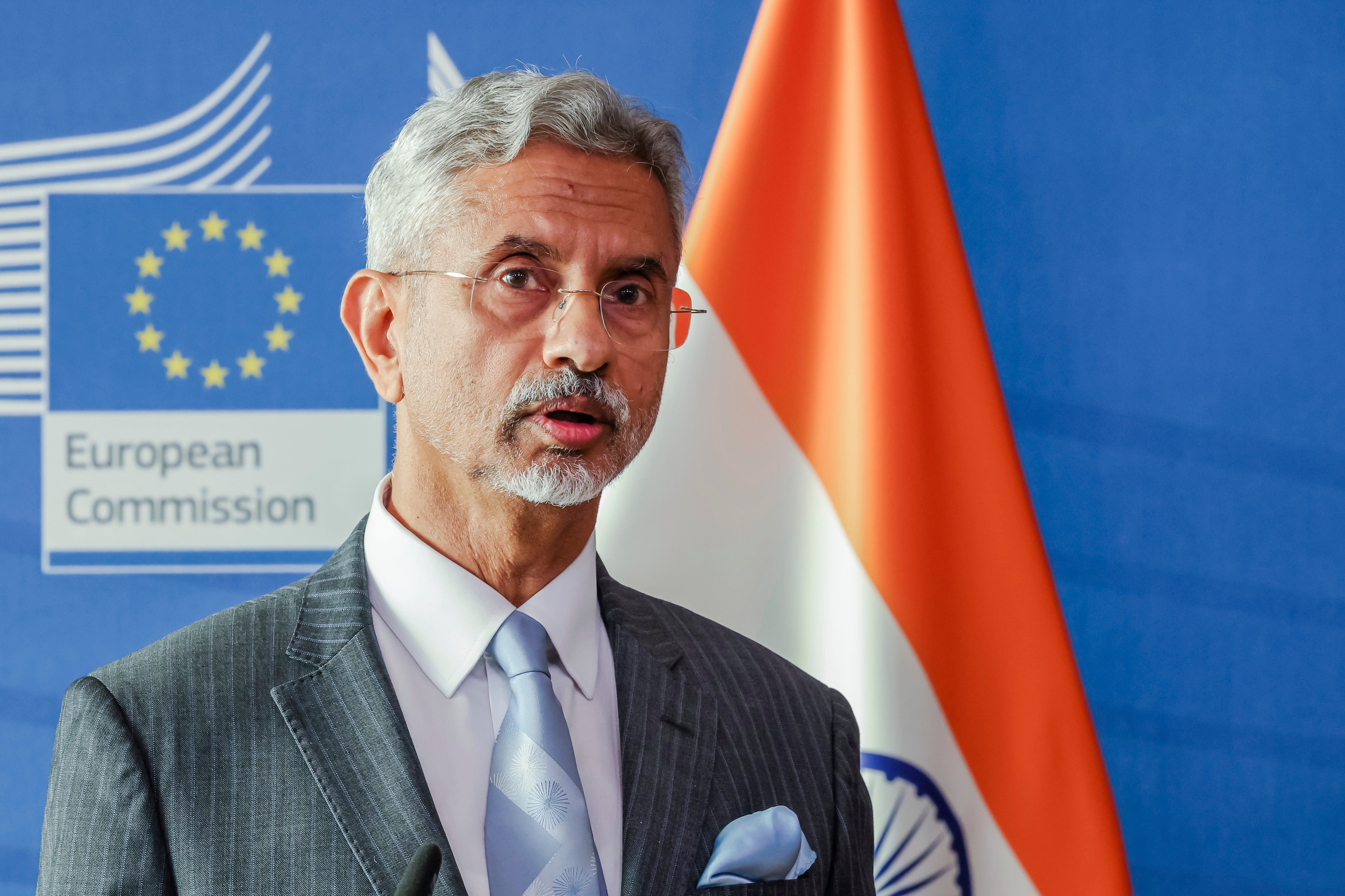 India's Minister for External Affairs S. Jaishankar addresses the media during a press conference on the EU-India Trade and Technology Council at EU headquarters in Brussels, Belgium