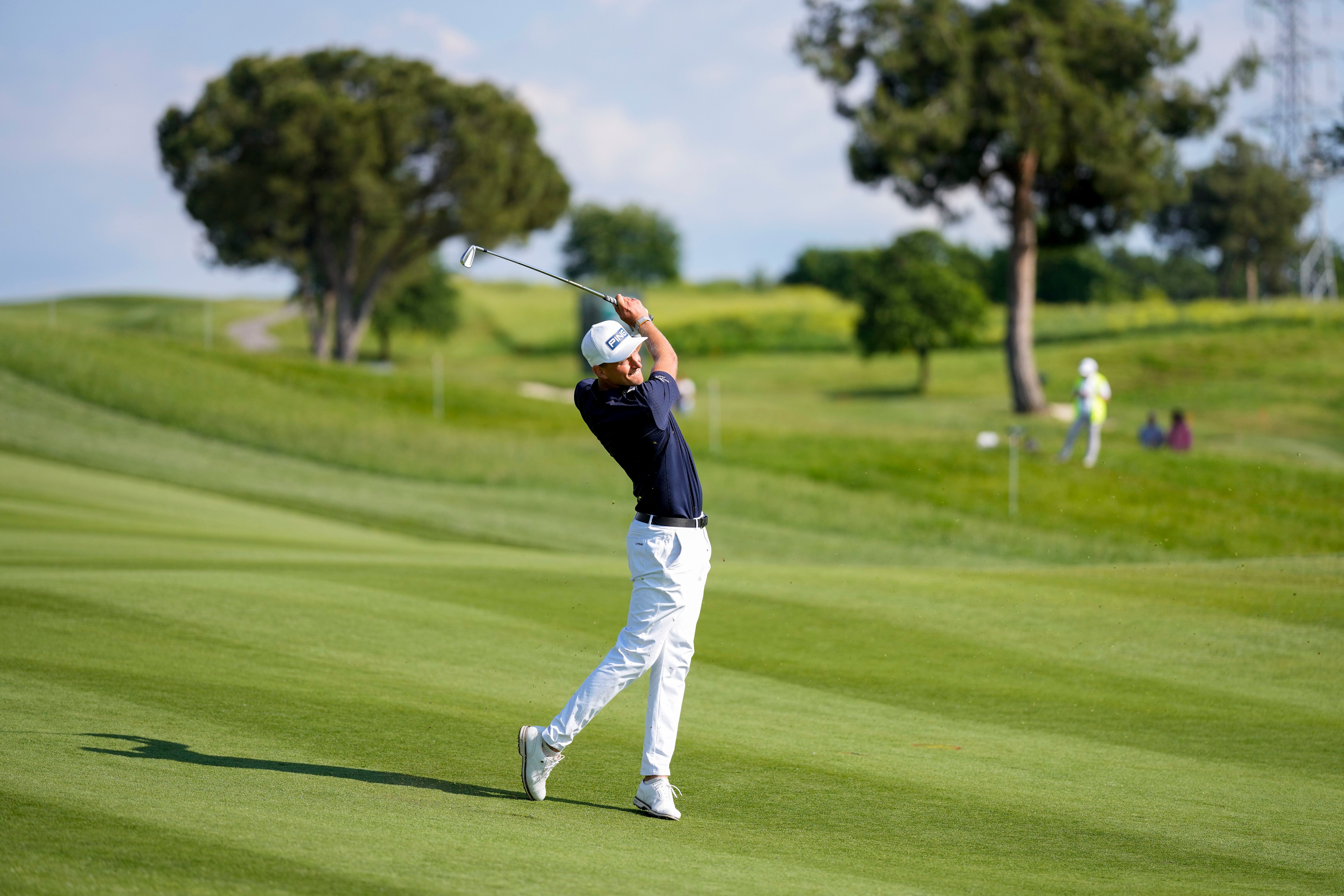 Adrian Meronk hits from the fairway at Ryder Cup venue Marco Simone in Rome