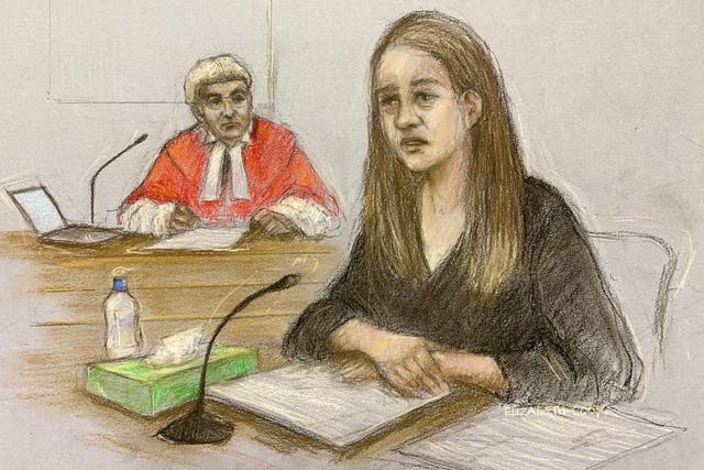 Court artist sketch by Elizabeth Cook of Lucy Letby giving evidence in the dock at Manchester Crown Court (Elizabeth Cook/PA)
