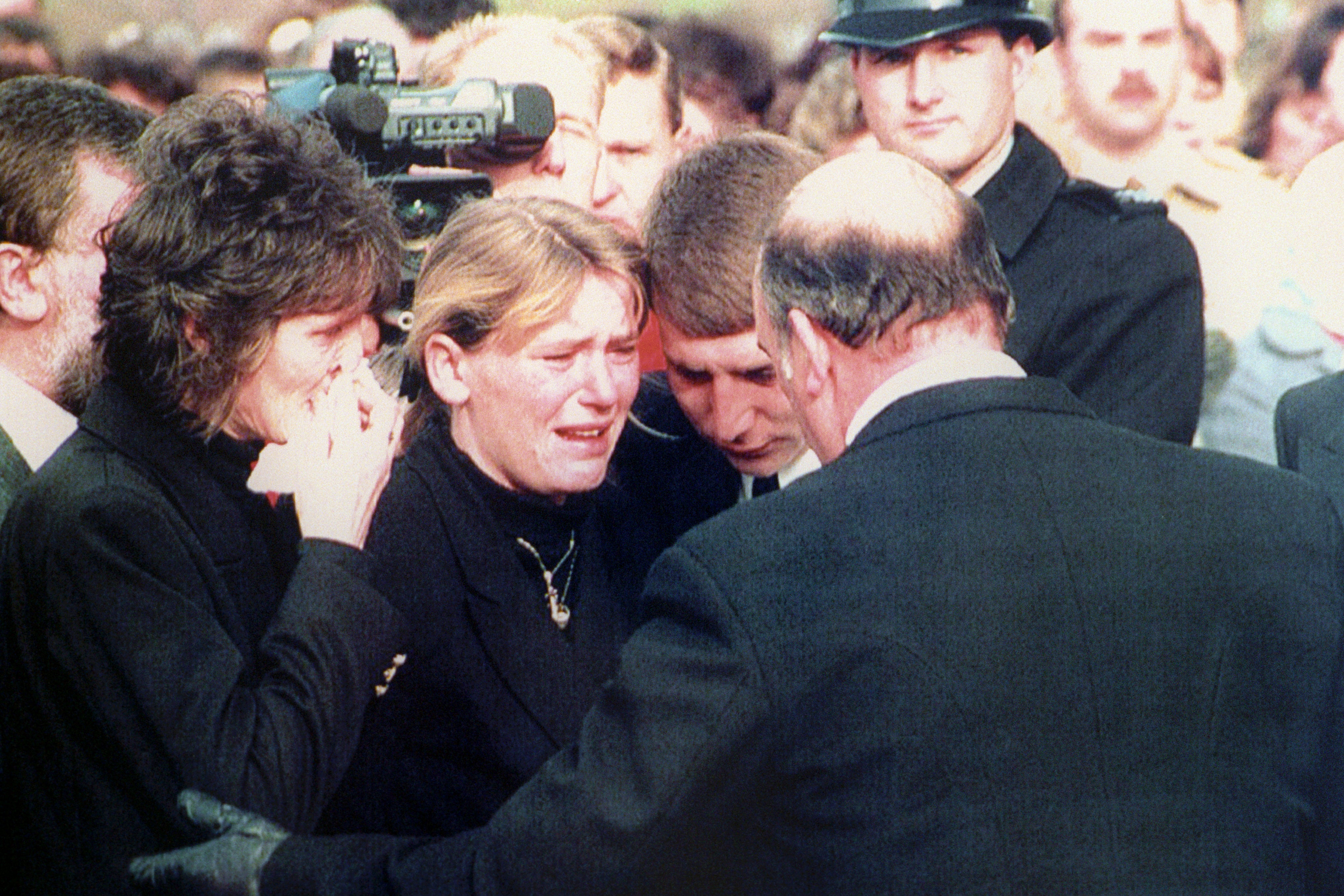 An emotional Sharon Priest at her daughter’s funeral after she was murdered in 1992