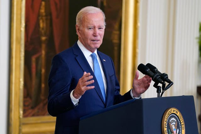 <p>President Joe Biden speaks during a Medal of Valor ceremony in the East Room of the White House, Wednesday, May 17, 2023, in Washington. The Medal of Valor is the nation's highest honor for bravery by a public safety officer. (AP Photo/Evan Vucci)</p>
