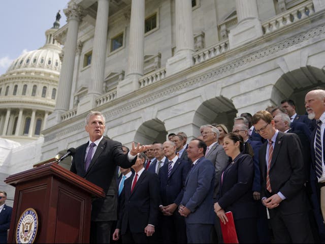<p>Speaker of the House Kevin McCarthy speaks to reporters as he stands with Congressional Republicans from both the US House and Senate during an event about debt ceiling negotiations</p>