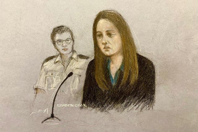 Court artist sketch by Elizabeth Cook of Lucy Letby giving evidence at Manchester Crown Court (Elizabeth Cook/PA)