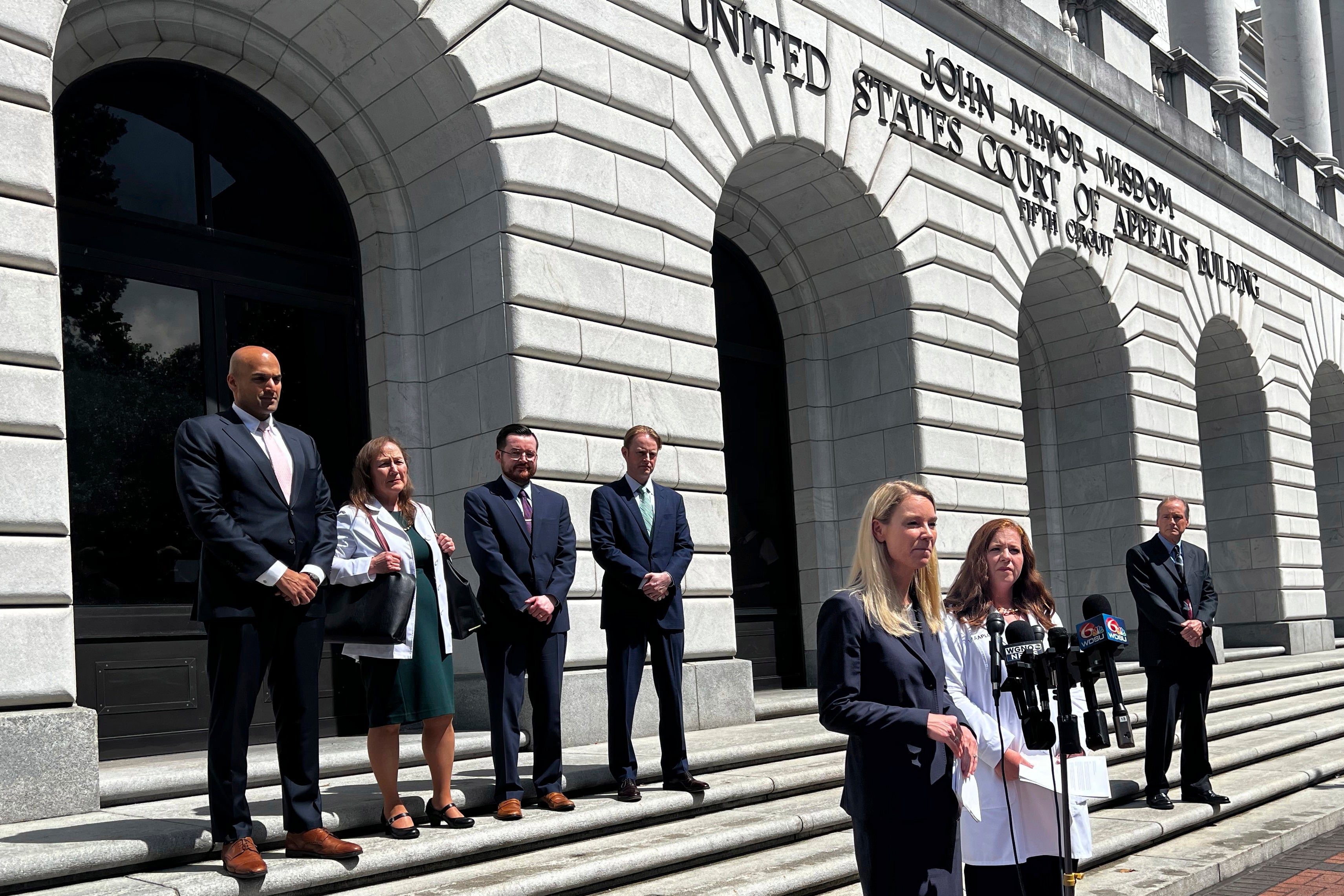 Erin Hawley, lead attorney with Alliance Defending Freedom, discusses the group’s challenge to mifepristone’s FDA approval outside the Fifth Circuit Court of Appeals in New Orleans on 17 May.