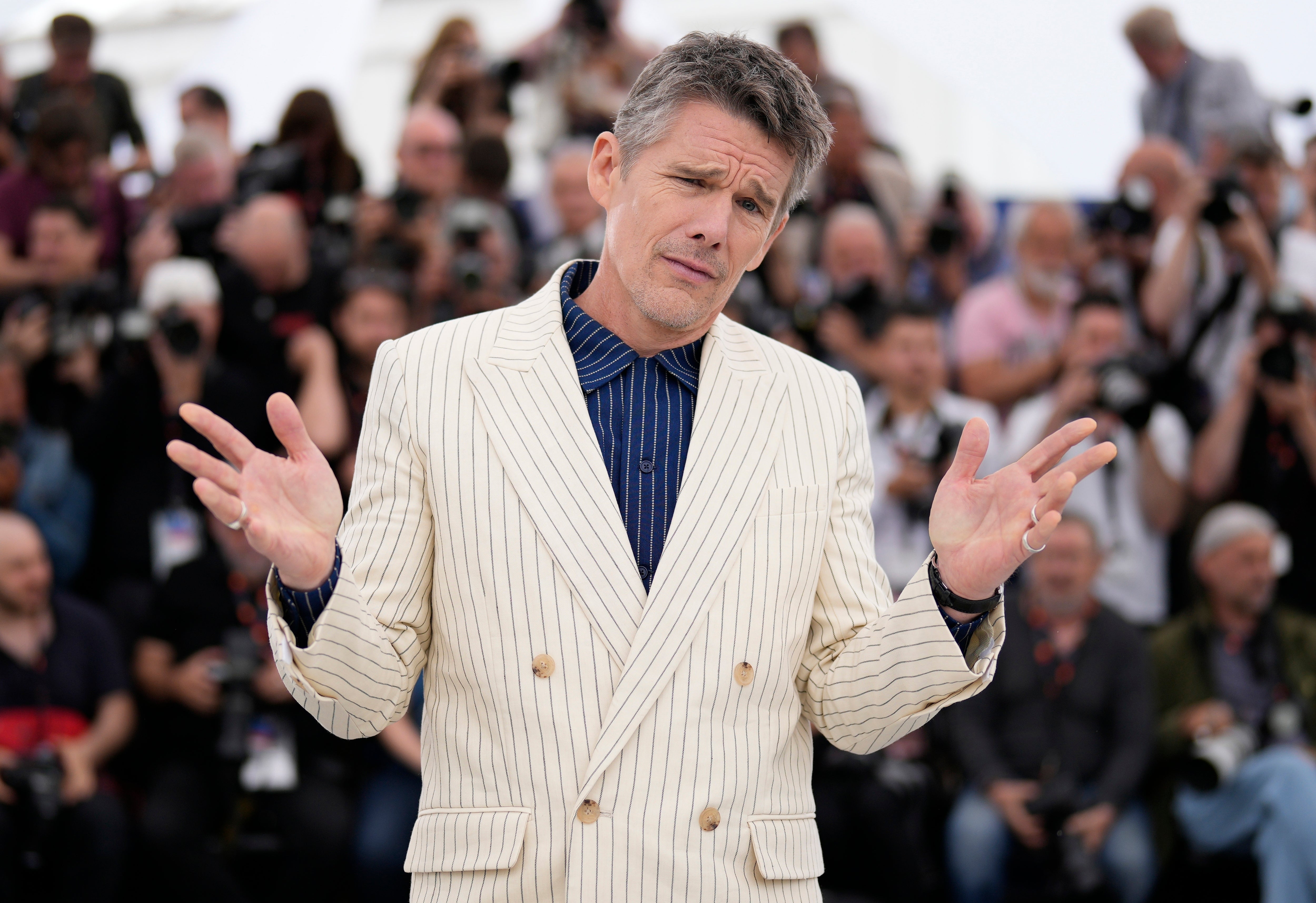 Ethan Hawke poses for photographers at the photo call for the film 'Strange Way of Life' at the 76th international film festival, Cannes, in 2023