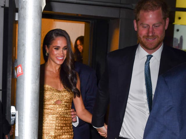 <p>Meghan Markle, Duchess of Sussex, and Prince Harry, Duke of Sussex leave The Ziegfeld Theatre</p>