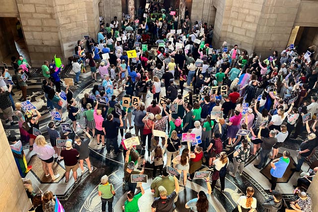 <p>File Hundreds of people descend on the Nebraska Capitol, in Lincoln, on 23 May 2023, to protest plans by conservative lawmakers in the Nebraska Legislature to revive an abortion ban </p>